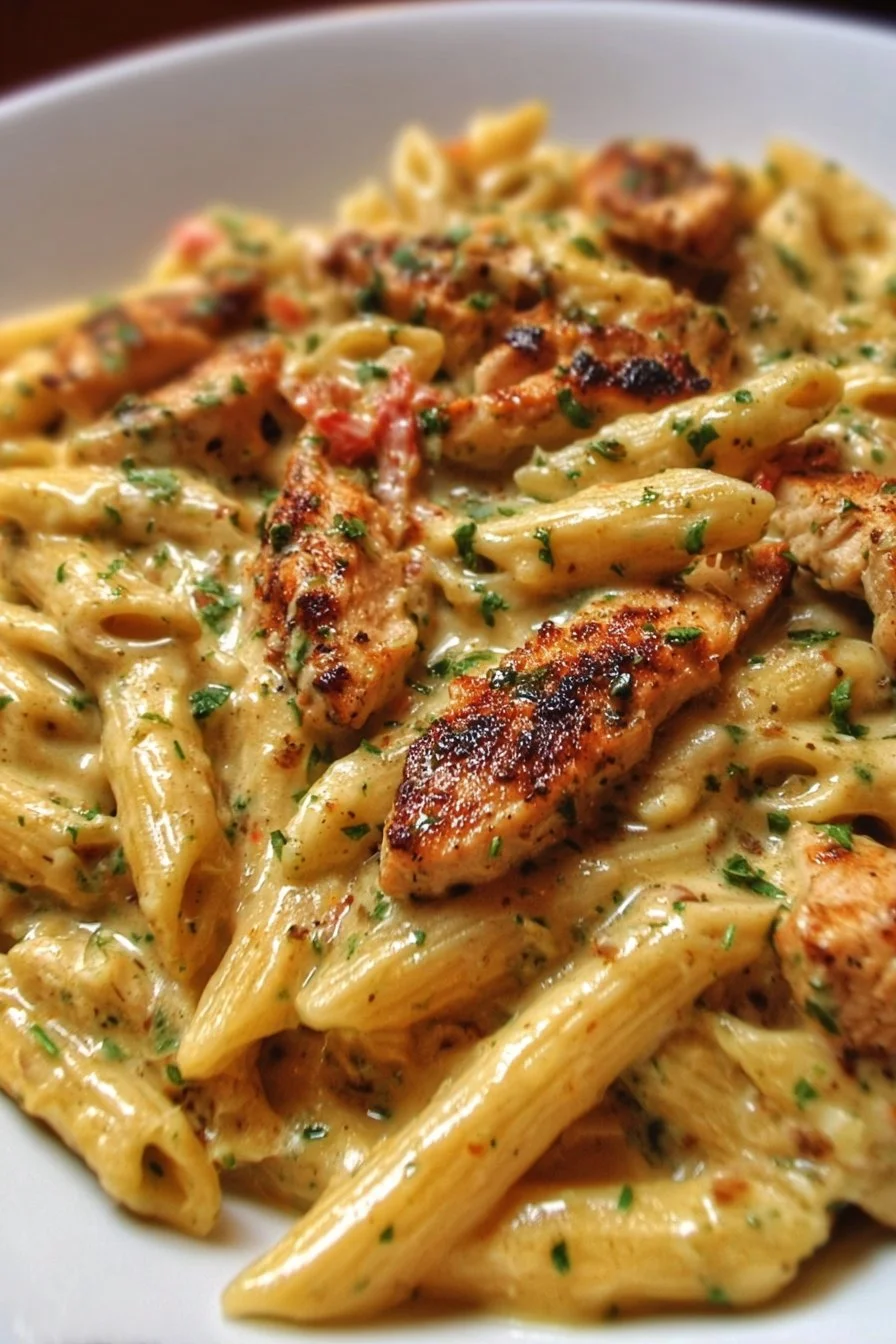 Creamy Cajun chicken penne pasta garnished with herbs and spices