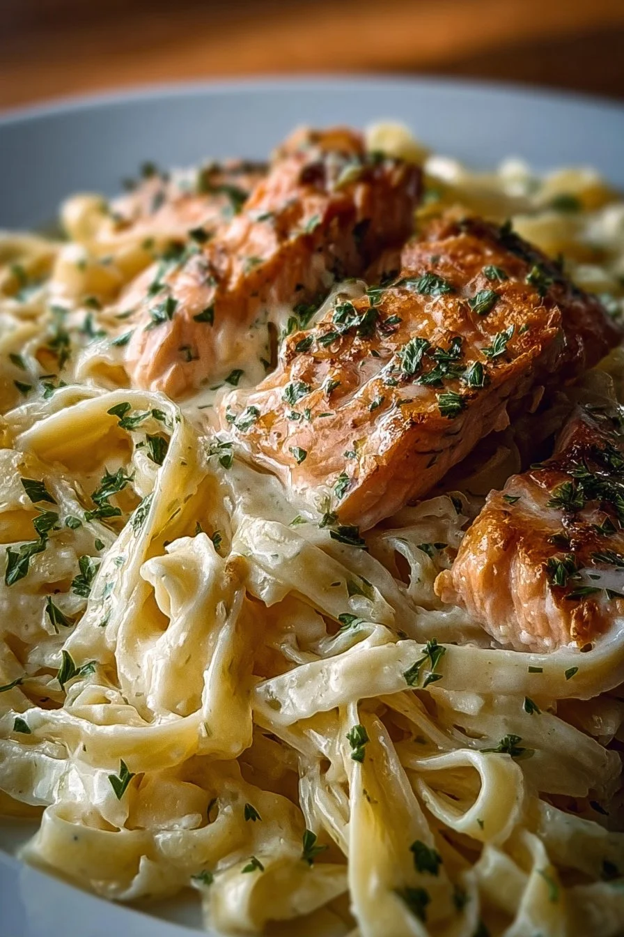 Creamy garlic butter salmon fettuccine served in a bowl garnished with parsley
