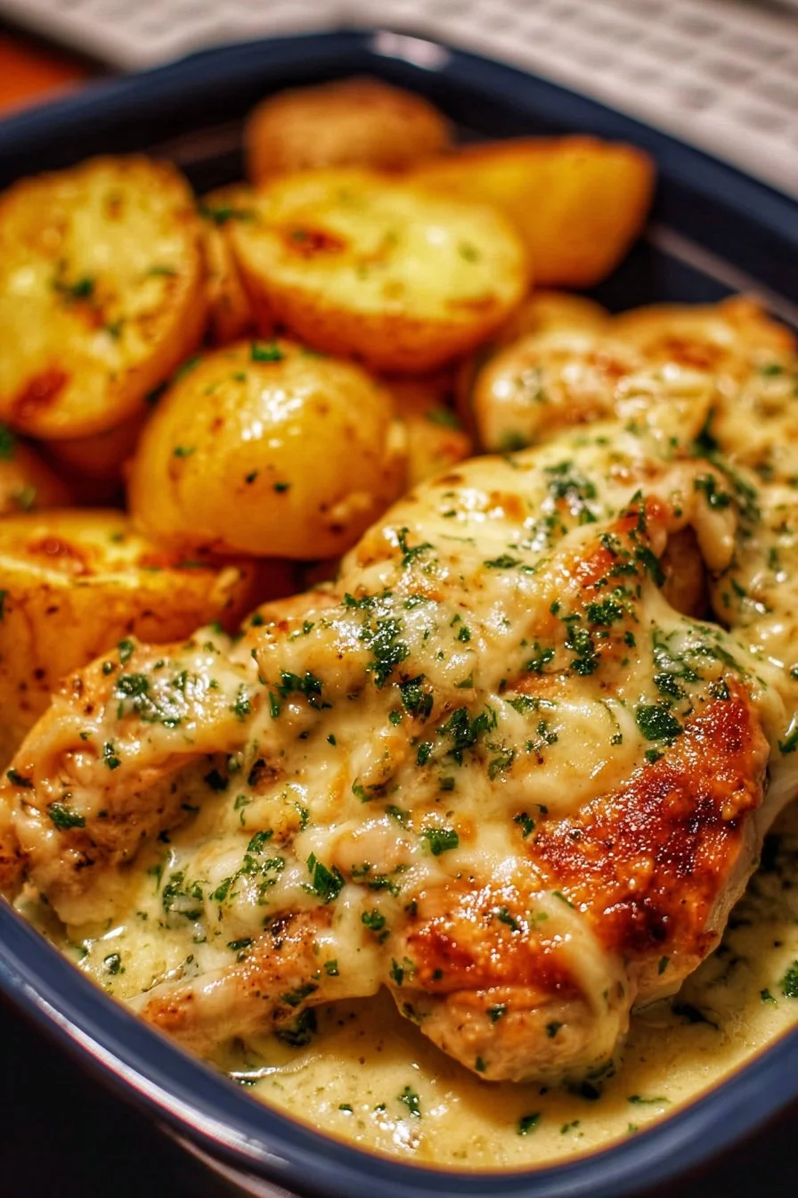 Creamy garlic cheesy chicken dish with potatoes on a plate