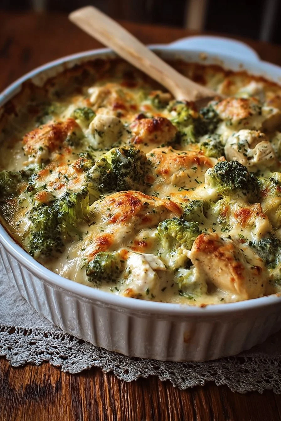 Creamy keto broccoli chicken casserole dish with cheese and broccoli