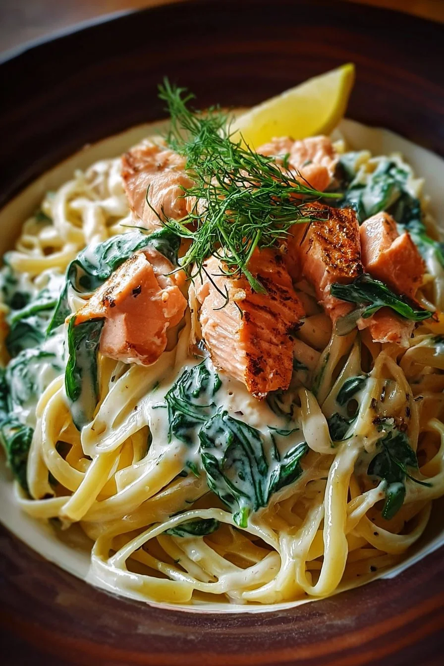 Creamy salmon spinach pasta with fresh ingredients in a bowl