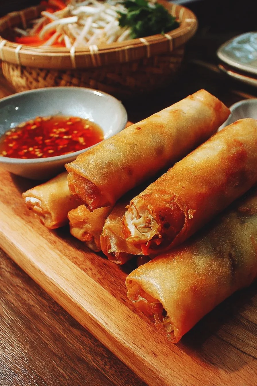 Crispy Chicken Spring Rolls ready to serve with dipping sauce