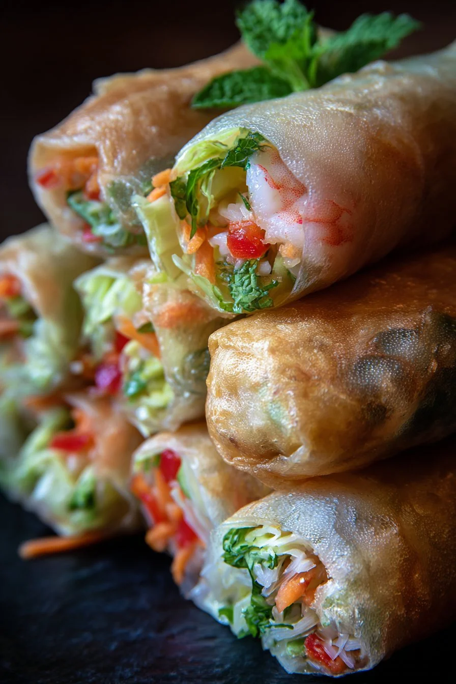 Crispy rice paper spring rolls filled with fresh vegetables and herbs