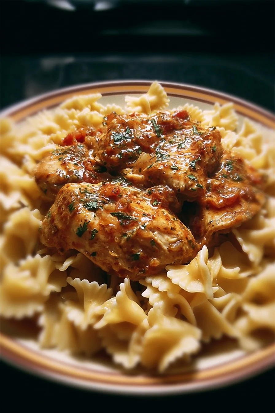 Crockpot Angel Chicken served with pasta in a creamy sauce