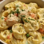 Creamy Cheddar Chicken Pot Pie with Tortellini in a crockpot