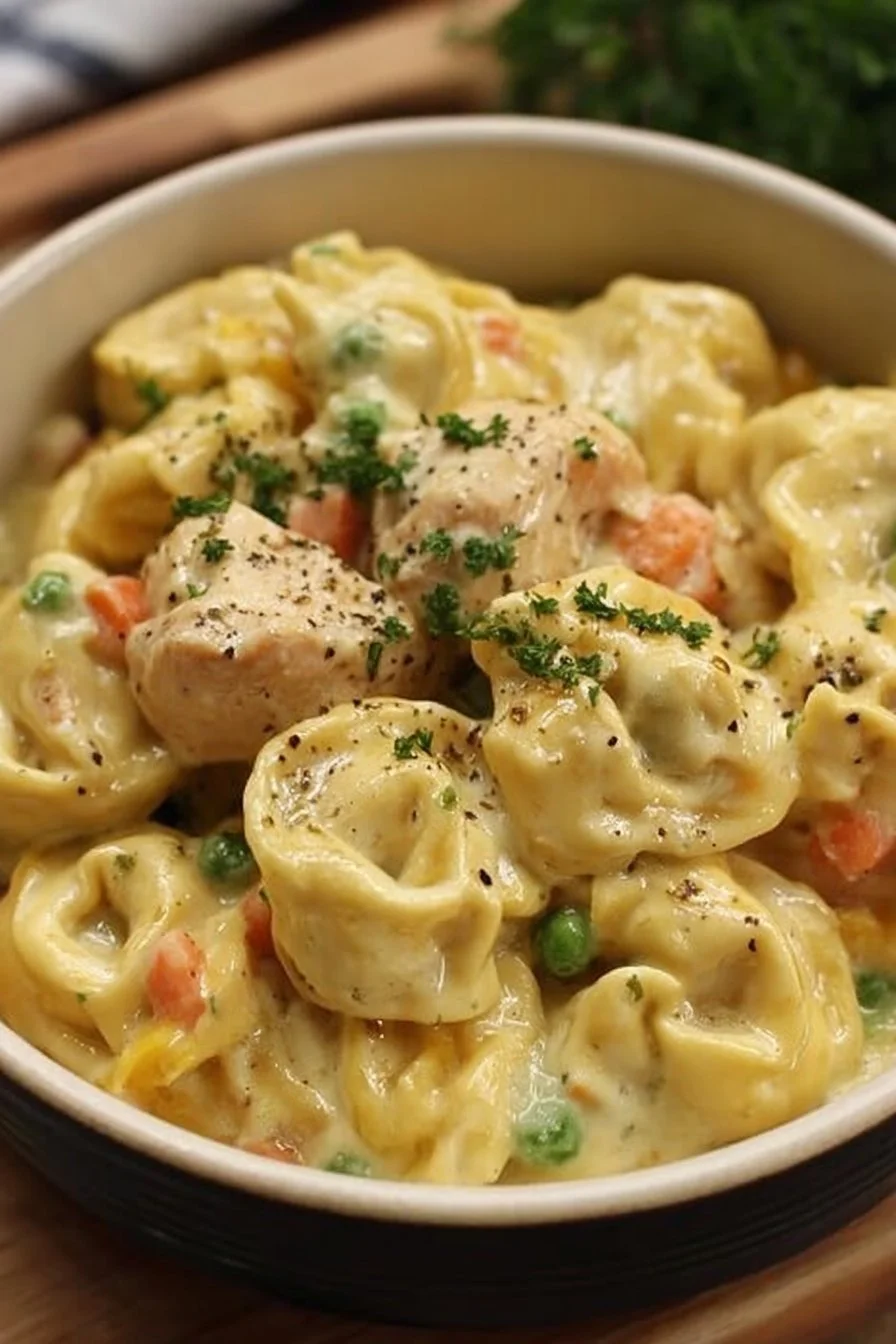 Creamy Cheddar Chicken Pot Pie with Tortellini in a crockpot