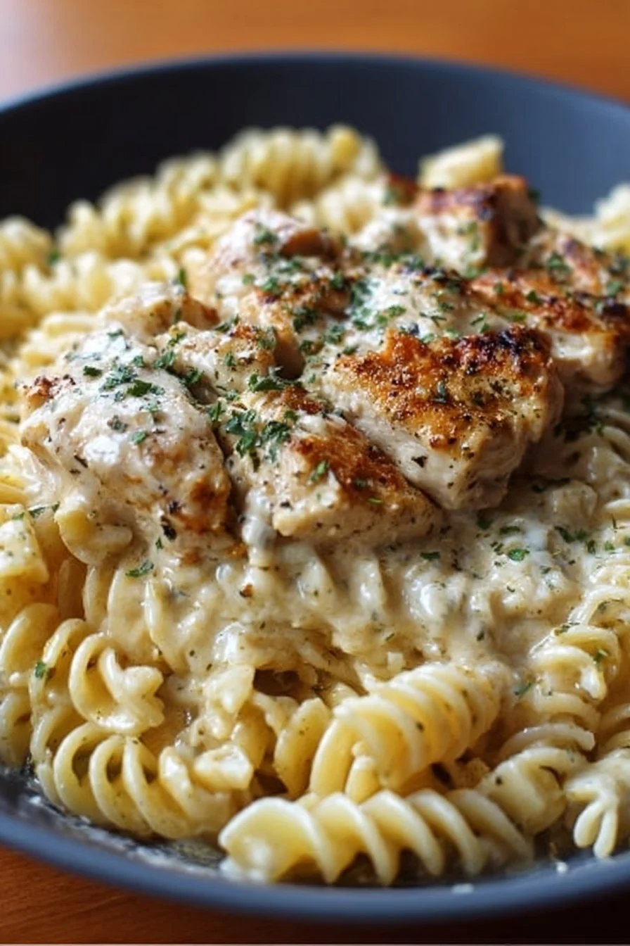 Crockpot Garlic Parmesan Chicken Pasta served in a bowl with herbs