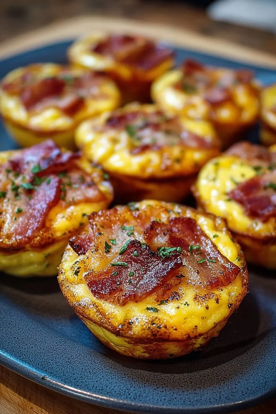 Delightful Keto Bacon Egg Muffins served on a plate with herbs.