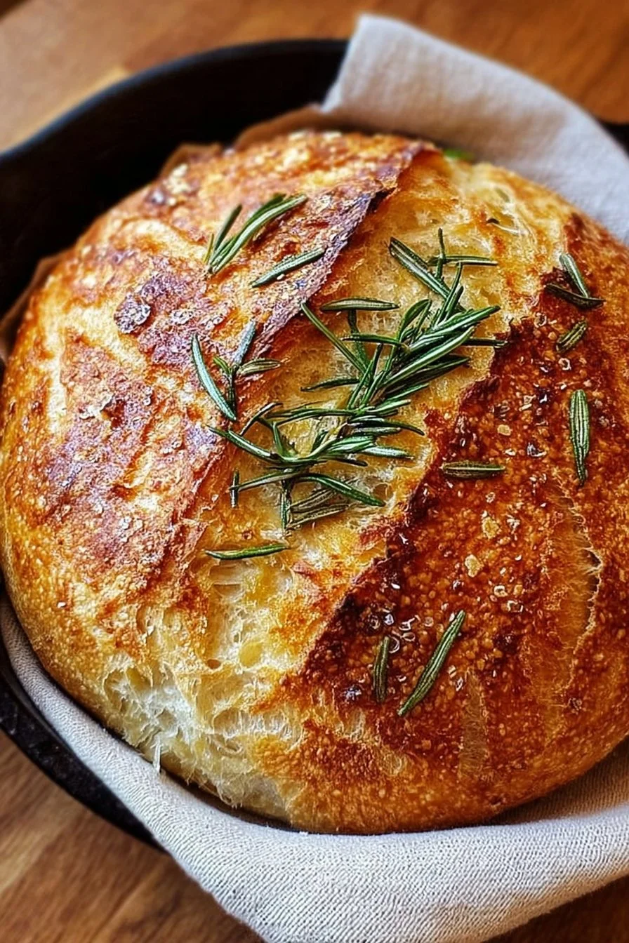 Freshly baked Dutch oven garlic rosemary bread on a wooden cutting board