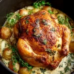 Juicy Dutch Oven Roast Chicken garnished with herbs and vegetables