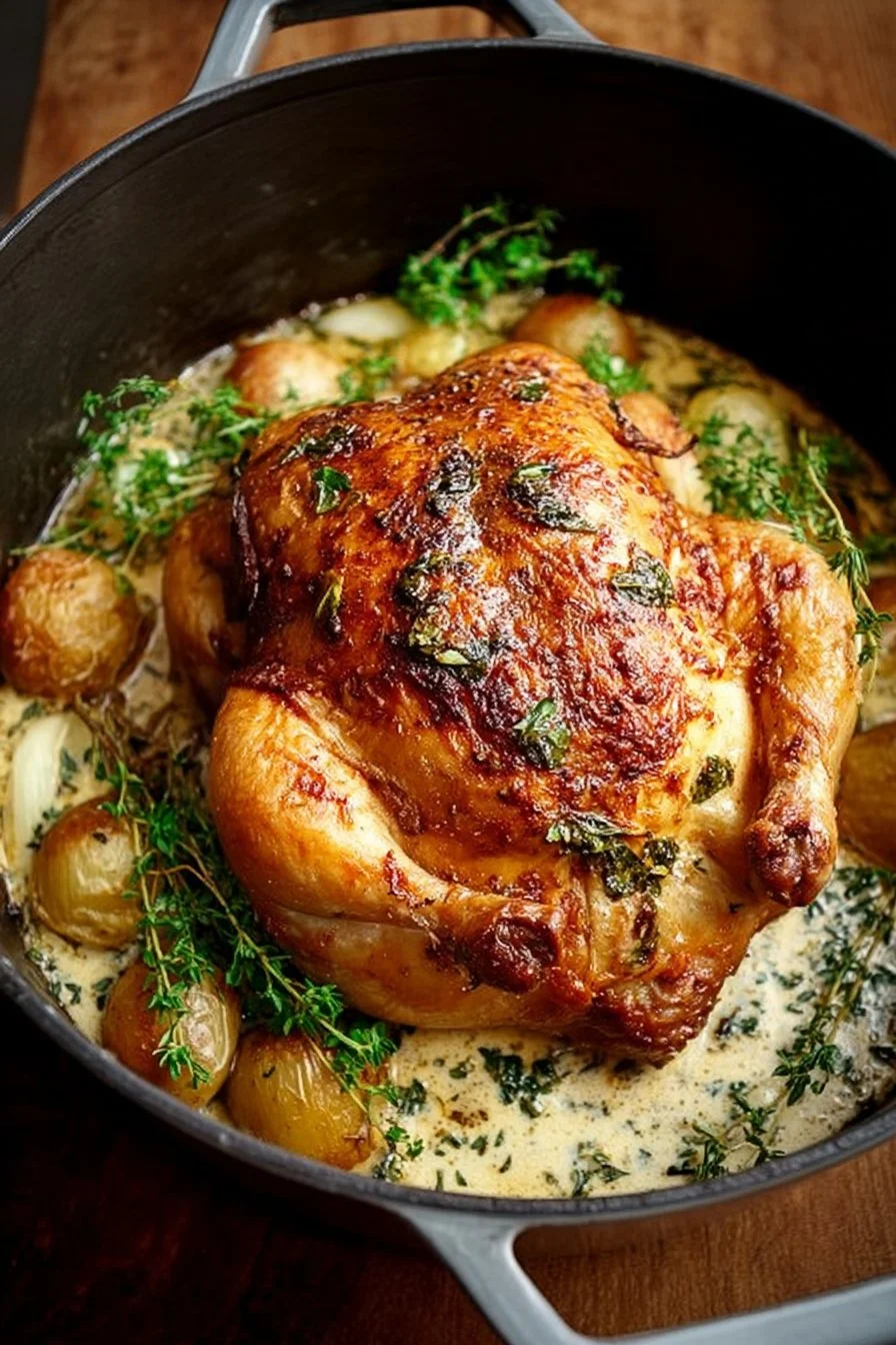 Juicy Dutch Oven Roast Chicken garnished with herbs and vegetables