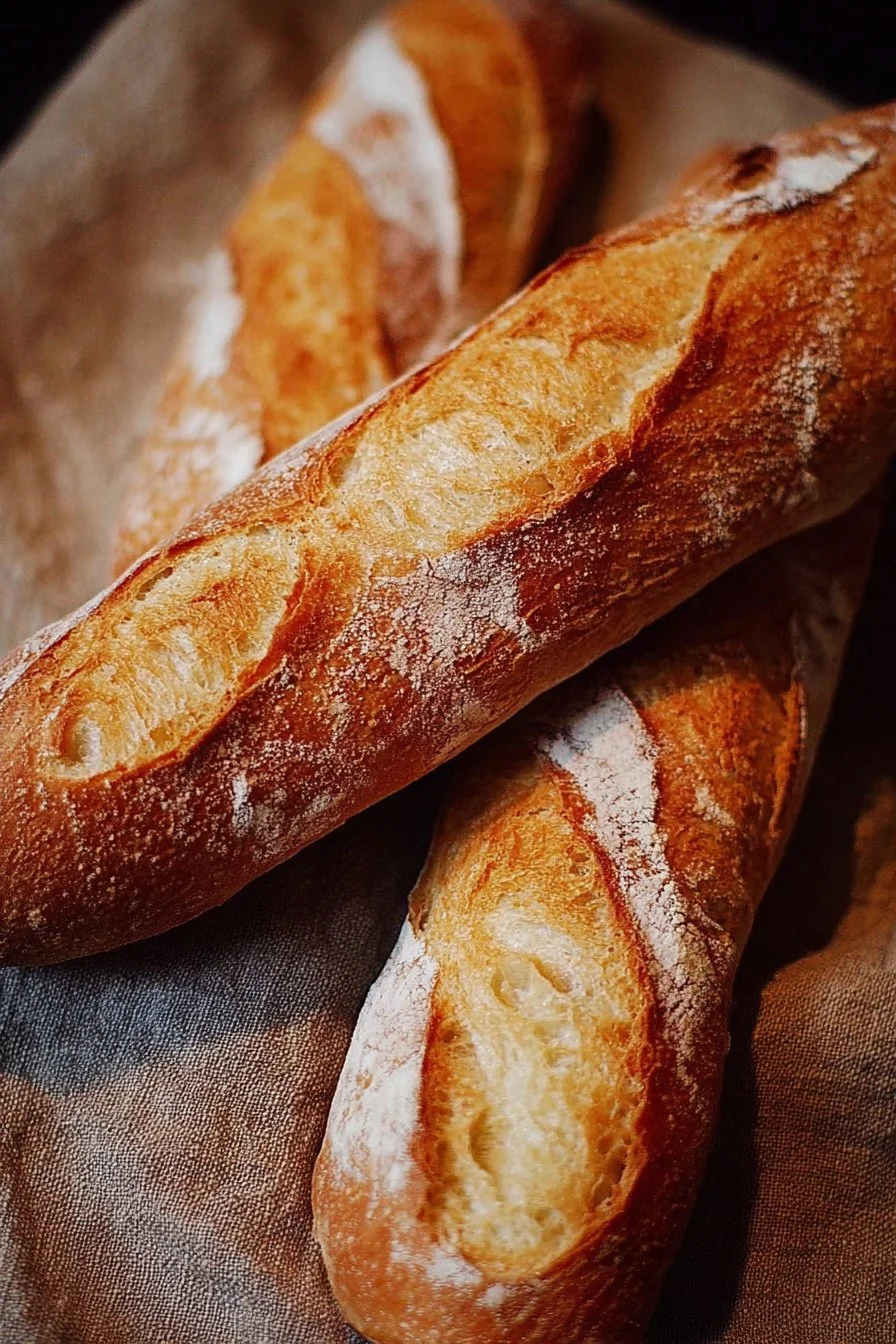 Freshly baked easy baguette with a crispy crust and soft interior.