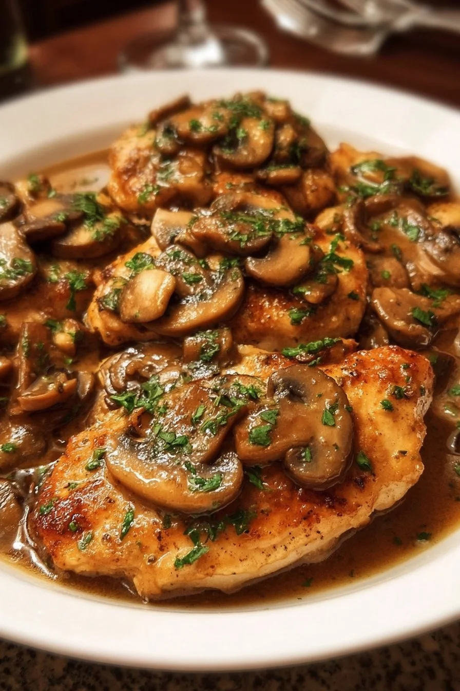 Plate of Easy Chicken Marsala with mushrooms and sauce on a dining table