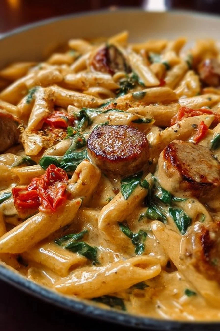 Creamy Tuscan chicken sausage pasta skillet in a pan with fresh herbs.