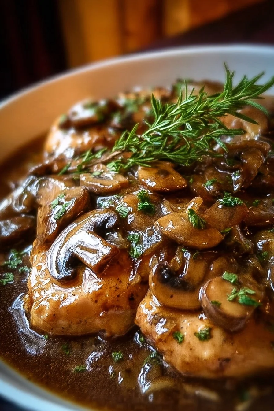 Easy Crockpot Chicken Marsala with mushrooms and herbs in a slow cooker