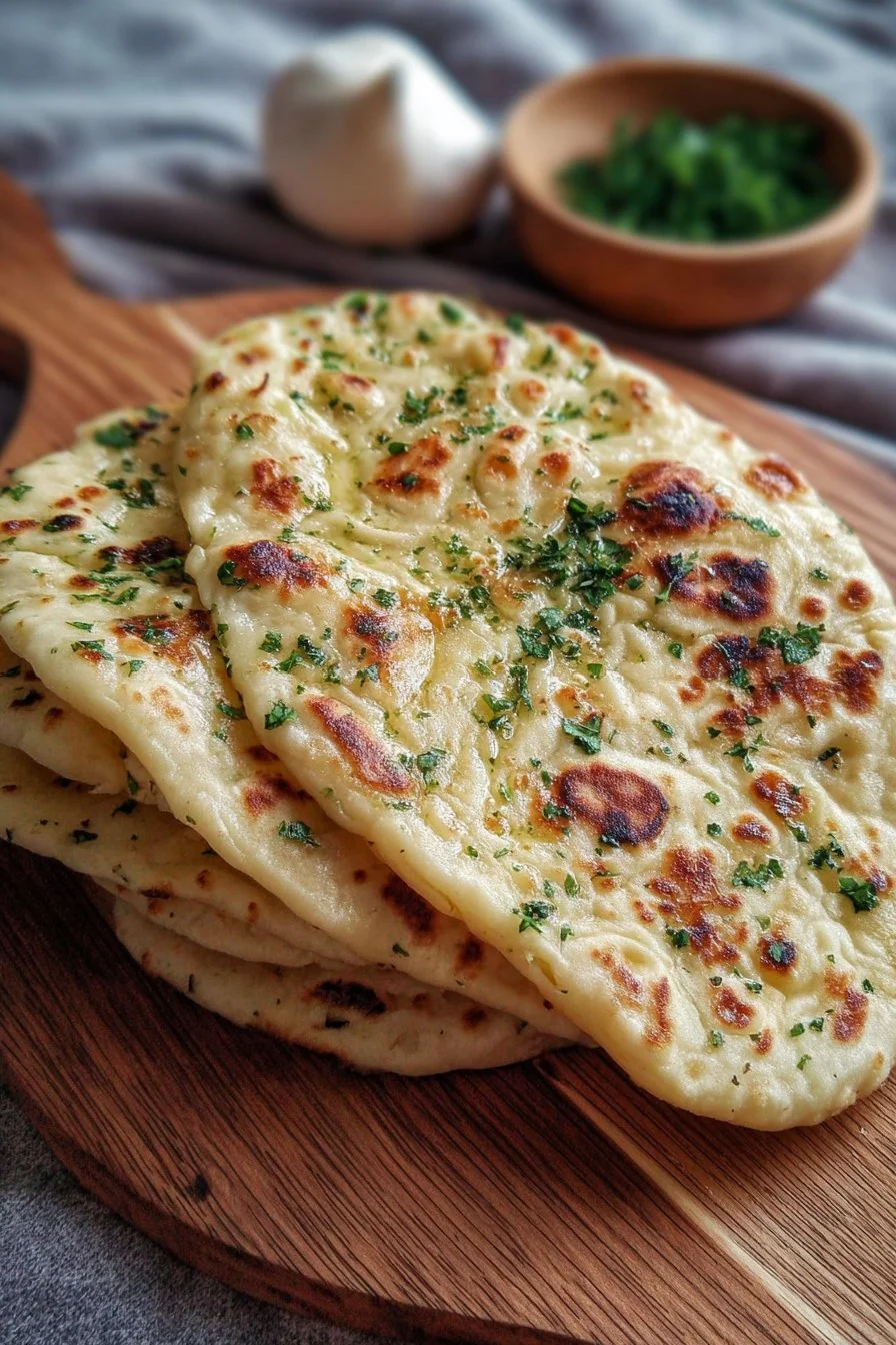 Delicious easy garlic flatbread without yeast on a wooden serving board