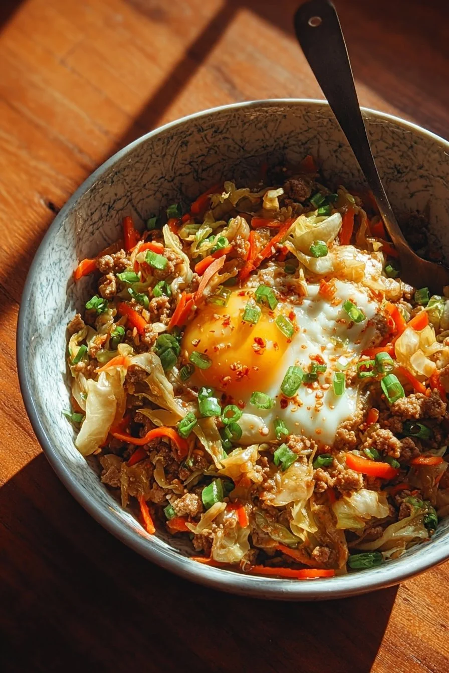 Delicious egg roll in a bowl dish featuring colorful vegetables and savory meat.