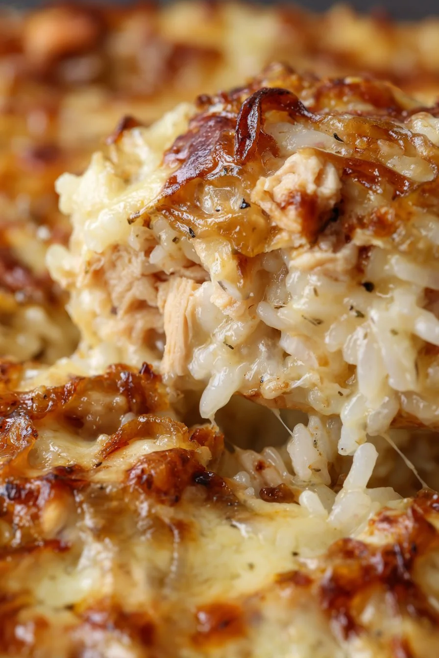 Delicious French Onion Chicken Rice Bake with melted cheese and herbs