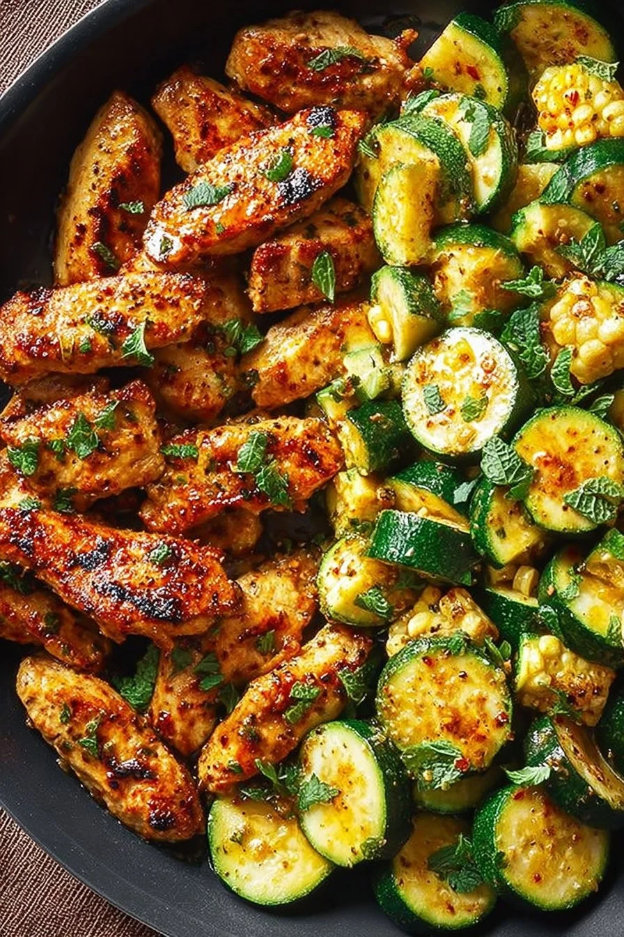 Delicious Garlic Butter Chicken served with zucchini on a plate