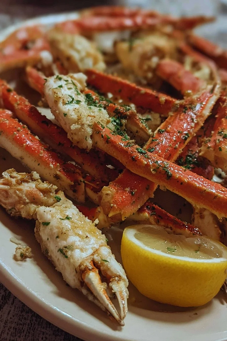 Garlic-lemon butter crab legs served on a plate