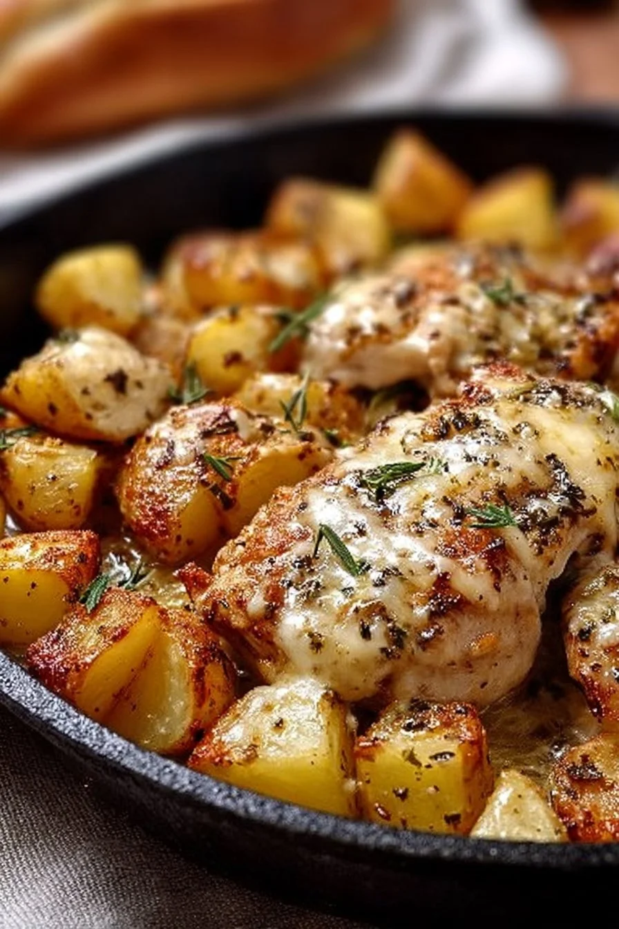 Garlic Parmesan Chicken and Potatoes Skillet served in a pan