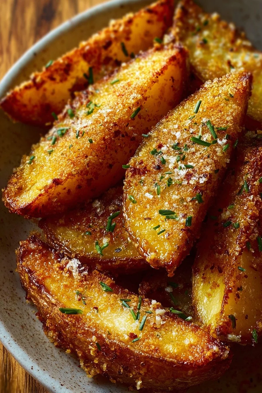 Crispy Garlic Parmesan Potato Wedges served on a plate with herbs