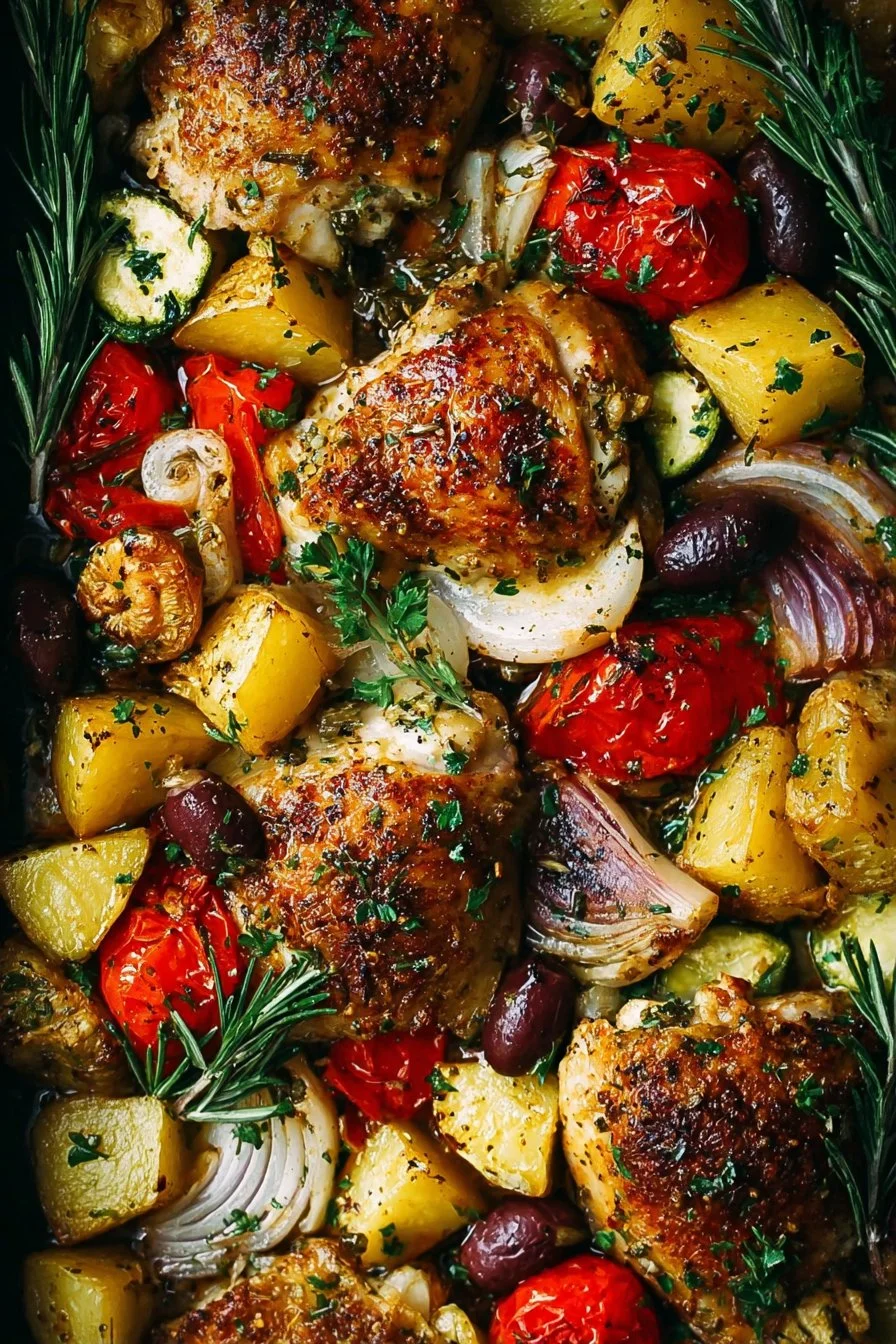 Greek sheet pan chicken with colorful vegetables and herbs on a baking tray.