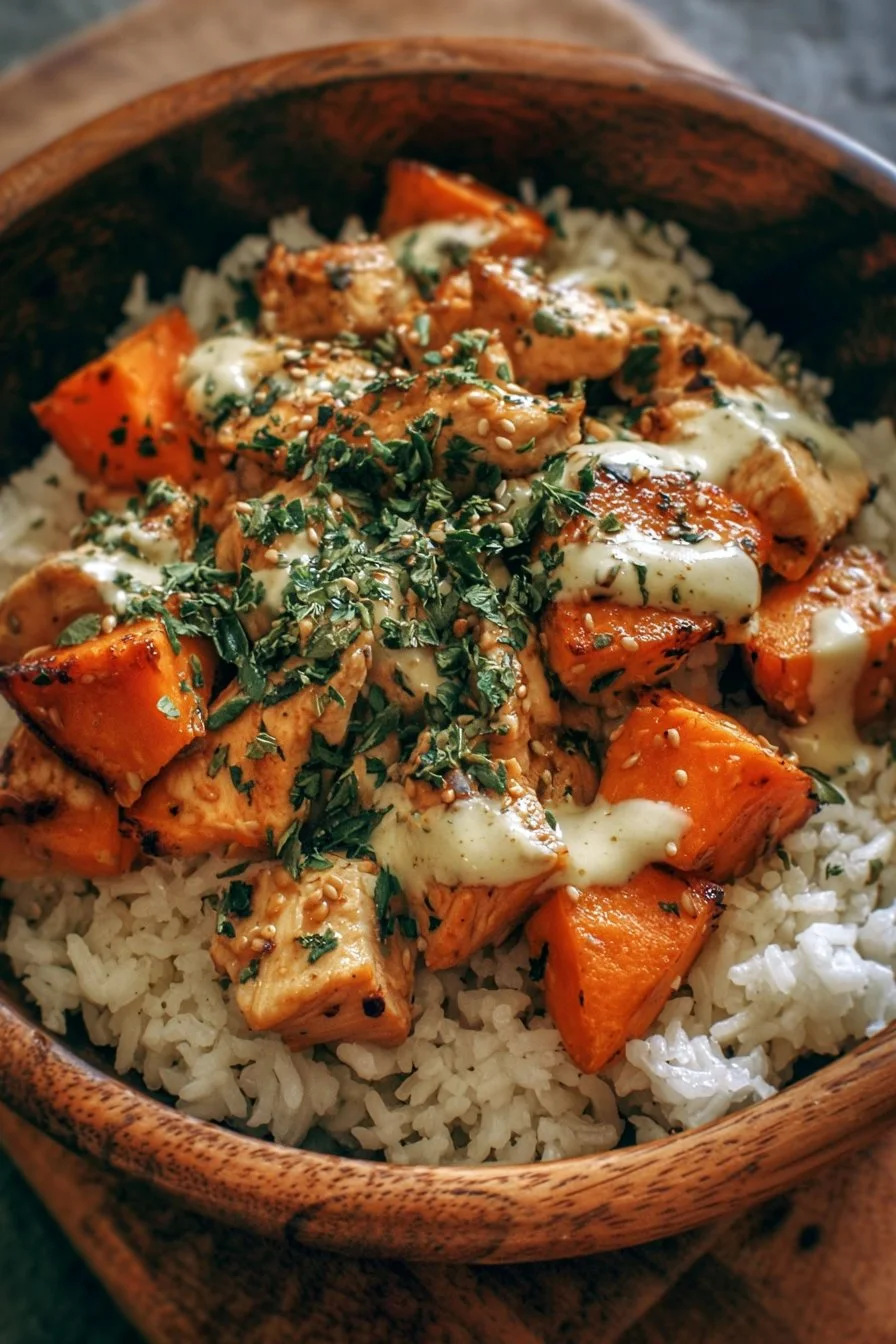 Healthy chicken and sweet potato rice bowl garnished with fresh herbs