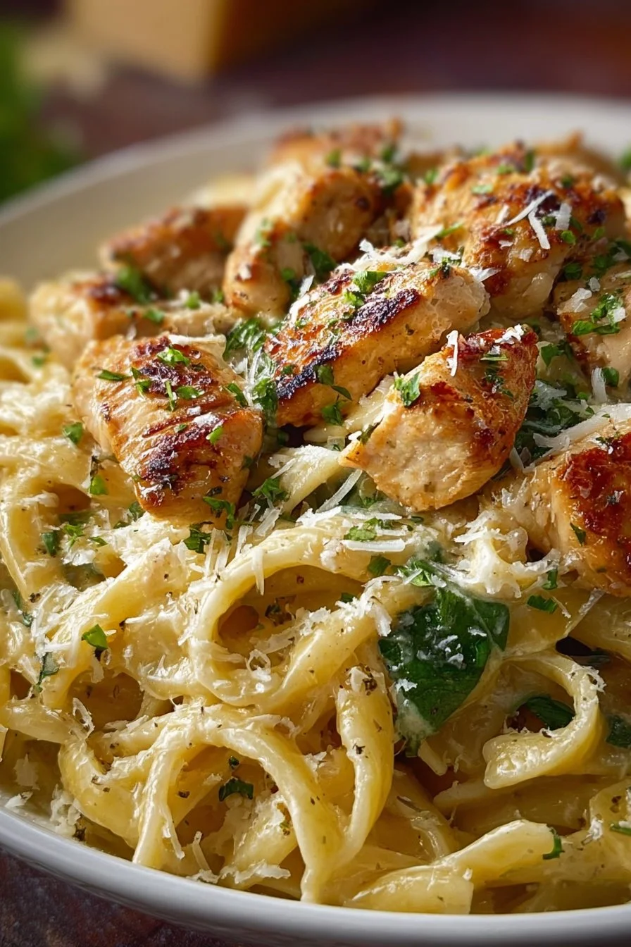 A bowl of healthy garlic parmesan chicken pasta garnished with parsley.