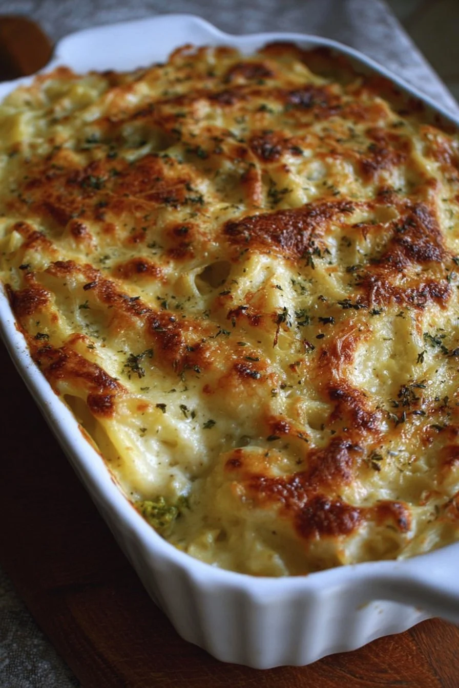 Healthy High Protein Alfredo Bake with creamy sauce and pasta