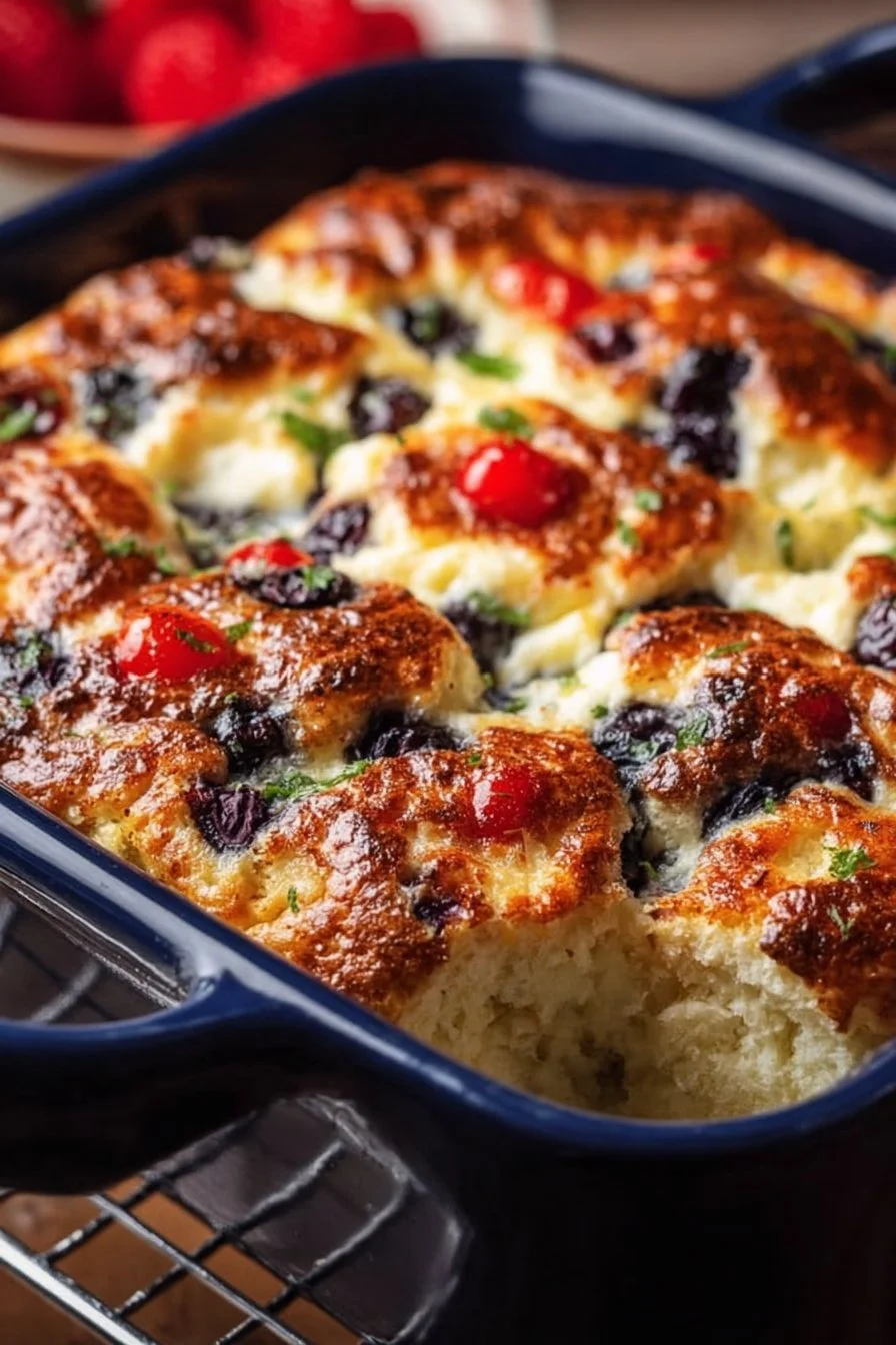 High-protein breakfast bake with eggs, vegetables, and cheese in a baking dish