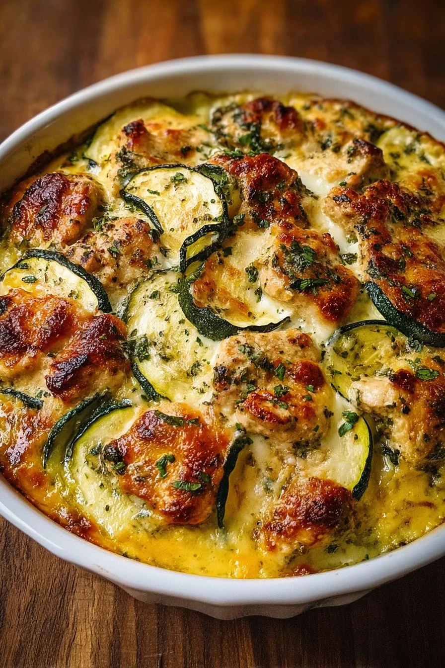 High protein chicken zucchini bake with fresh ingredients and herbs