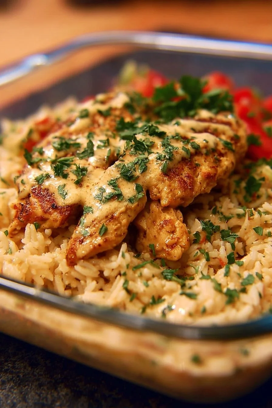 Creamy Cajun Chicken & Rice dish garnished with herbs and spices.