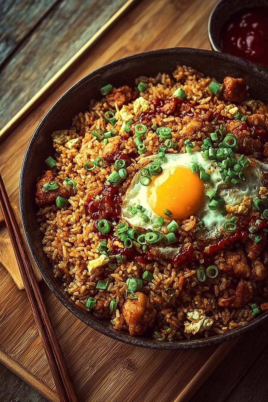 High protein crispy garlic chicken fried rice dish garnished with herbs.