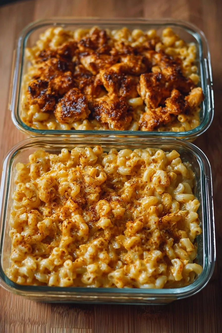 High protein honey BBQ chicken mac & cheese meal prep in a bowl