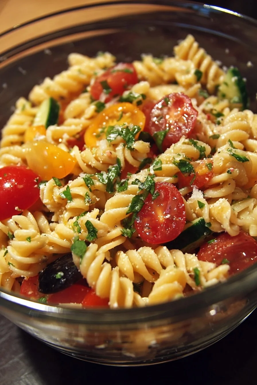 High Protein Italian Pasta Salad with colorful vegetables and dressing