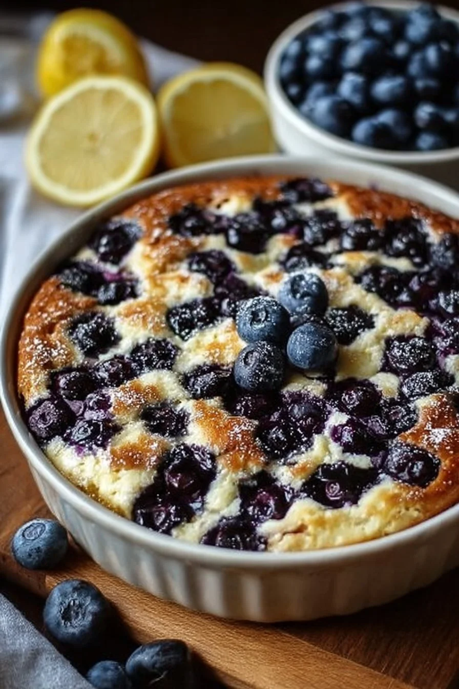 High-protein lemon blueberry breakfast bake with fresh fruits and ingredients