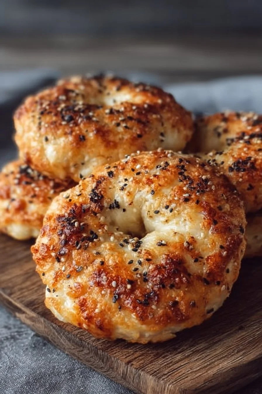 Homemade cottage cheese bagels on a wooden board with toppings