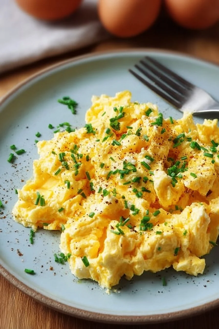 Delicious homemade cottage cheese scrambled eggs served on a plate