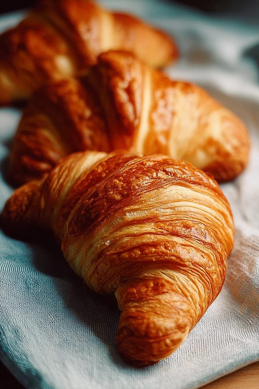 Freshly baked homemade croissants on a baking tray