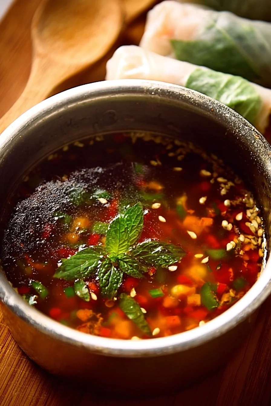 A bowl of homemade spring roll sauce perfect for dipping spring rolls.