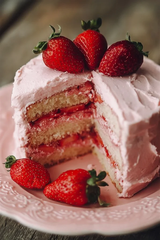 Homemade strawberry cake with fresh strawberry frosting on top