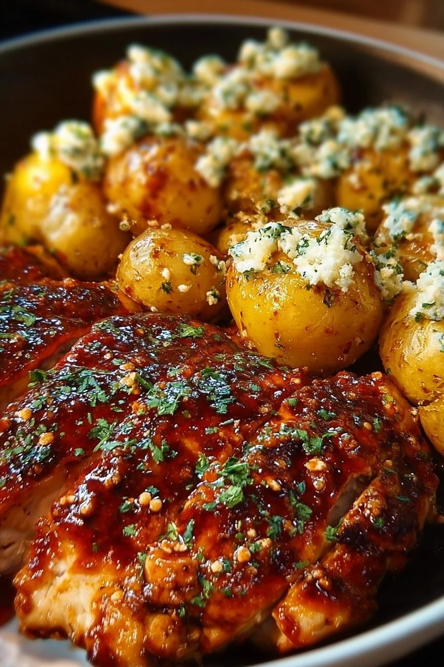 Honey BBQ Chicken served with Garlic Parmesan Potatoes on a plate