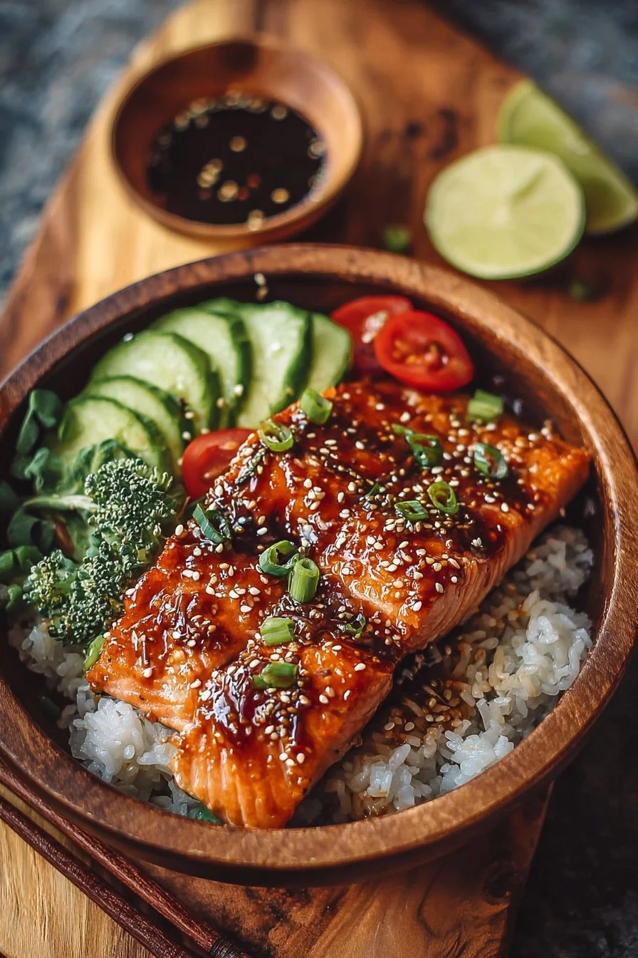 Healthy honey glazed salmon bowl with fresh vegetables and rice