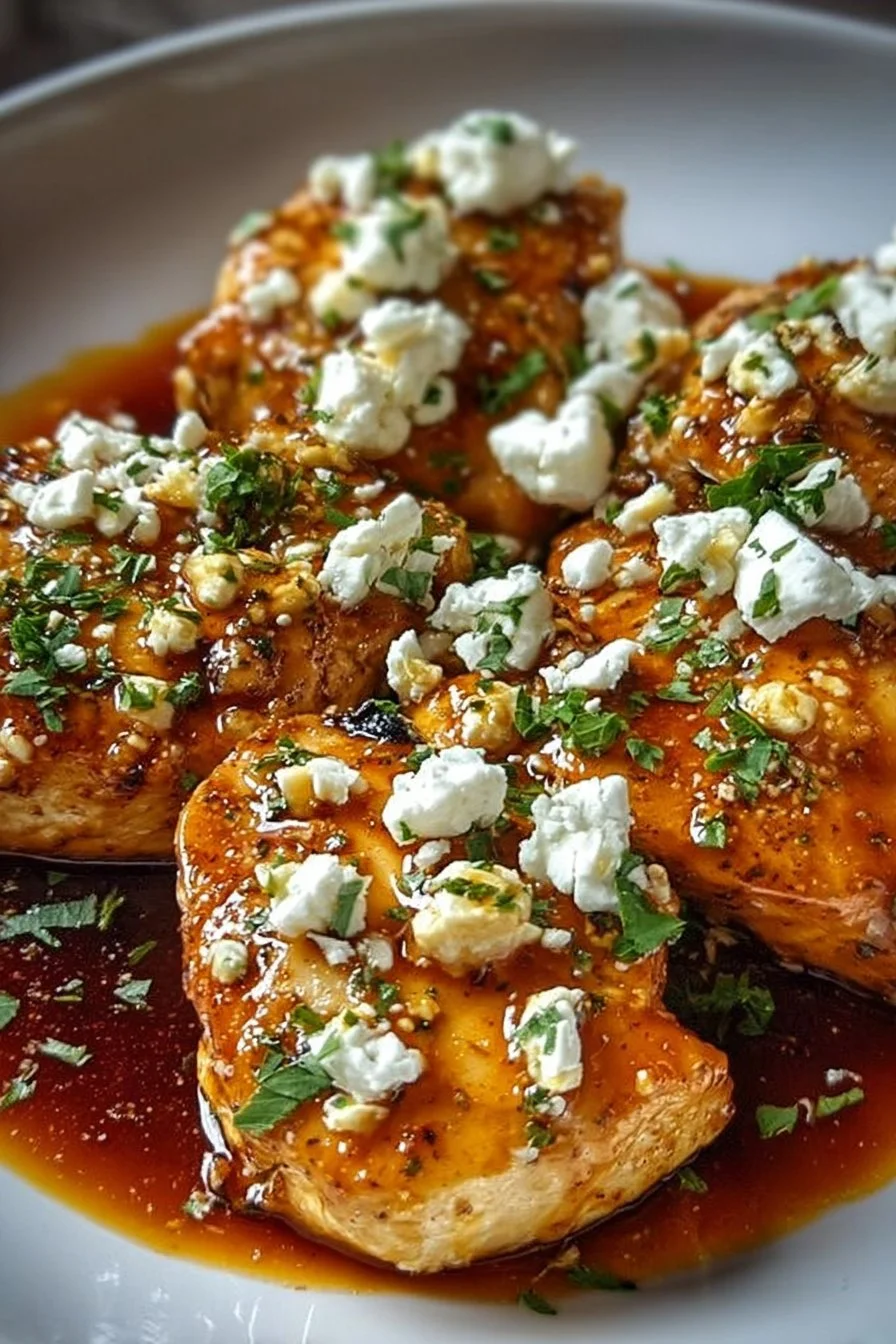 Plate of Hot Honey Feta Chicken garnished with herbs and spices