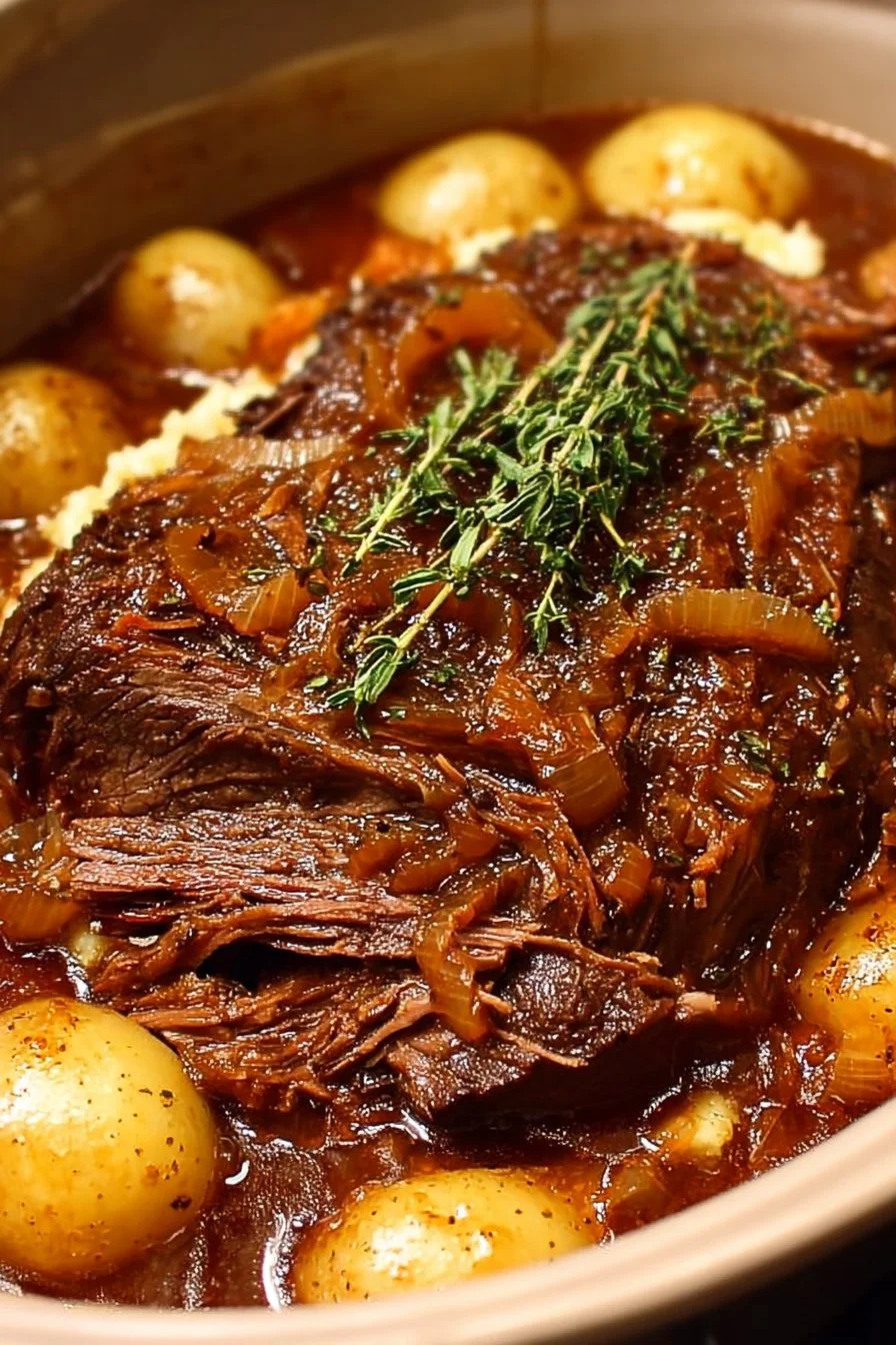 Juicy French Onion Pot Roast with caramelized onions and herbs
