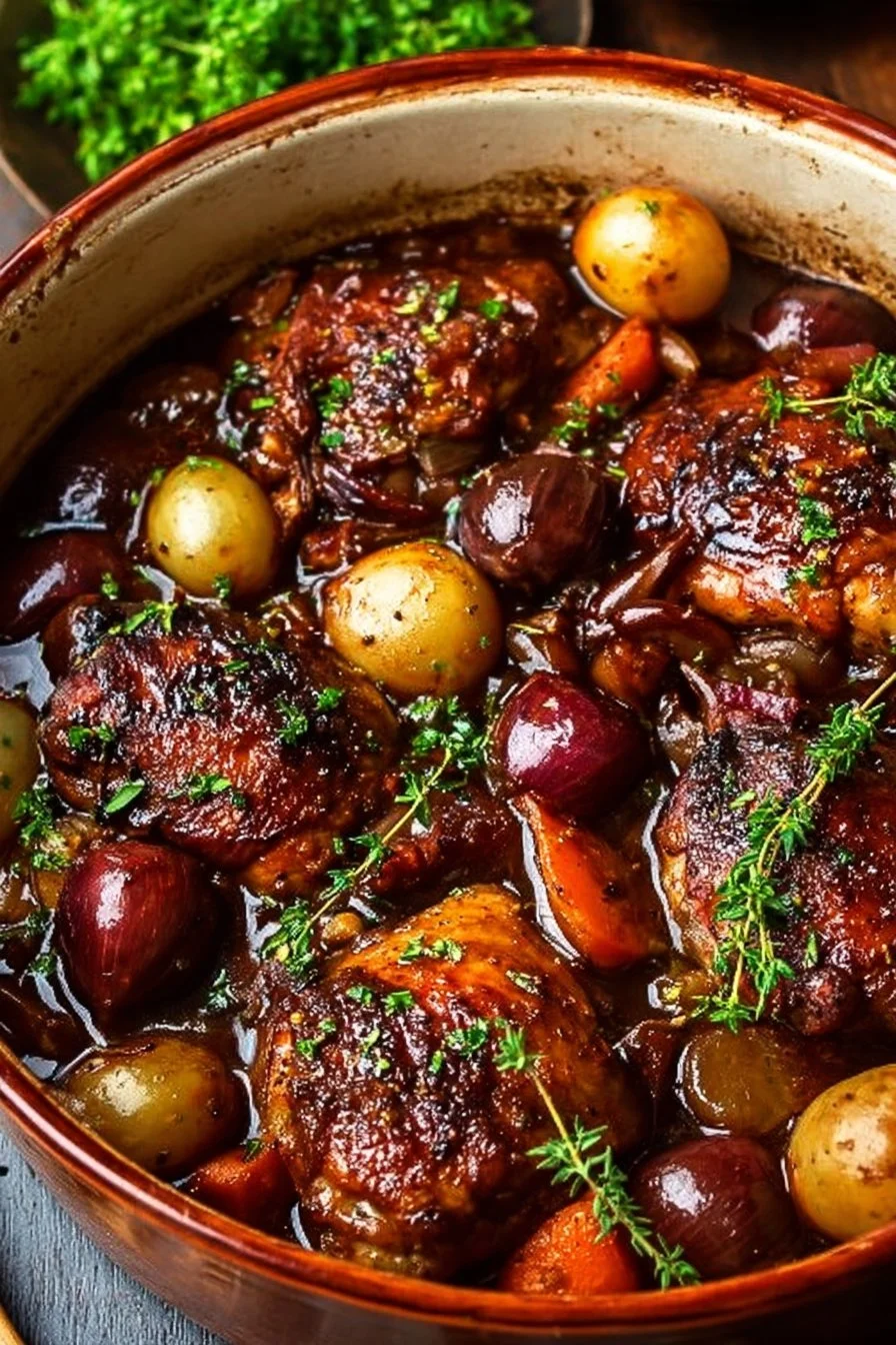 Delicious Coq au Vin dish inspired by Julia Child’s recipe