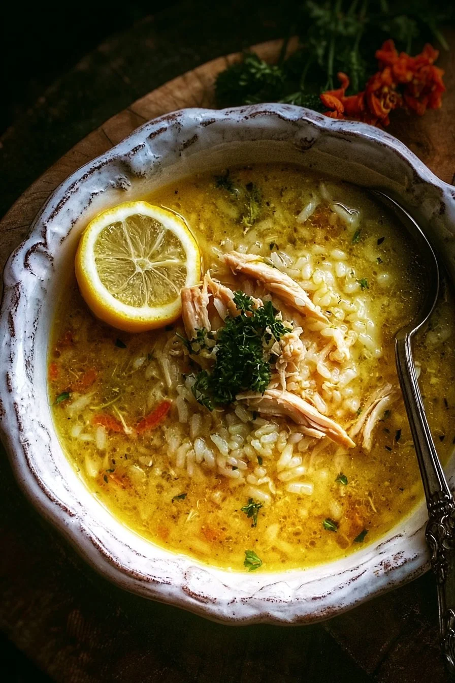 Bowl of Lemon Ginger Turmeric Chicken and Rice Soup garnished with herbs.