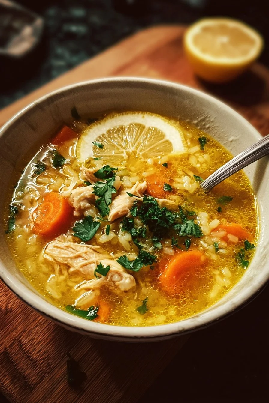 Bowl of Lemon Ginger Turmeric Chicken and Rice Soup garnished with herbs