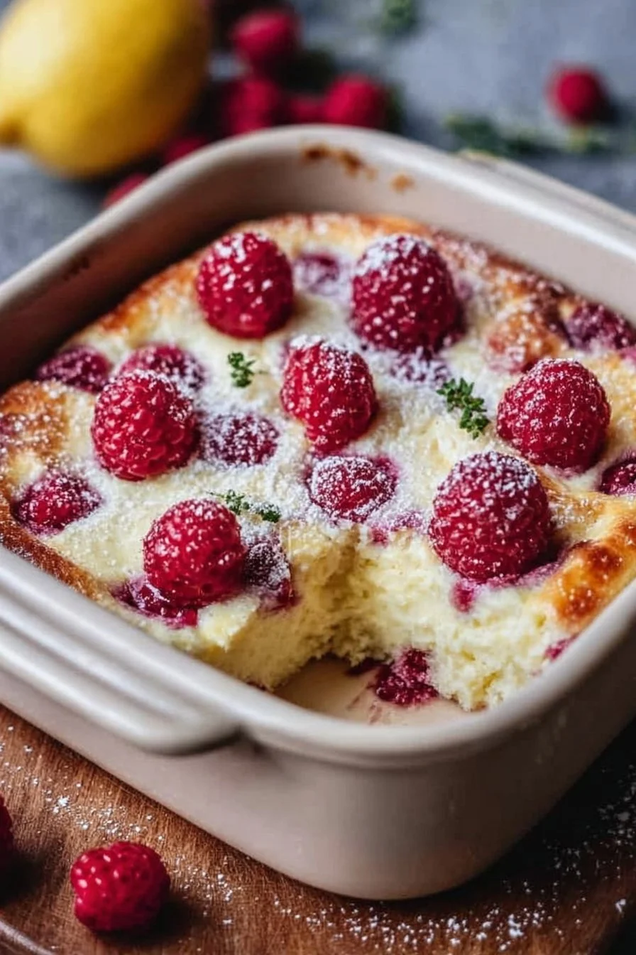Lemon Raspberry Cottage Cheese Bake with fresh raspberries and lemon zest
